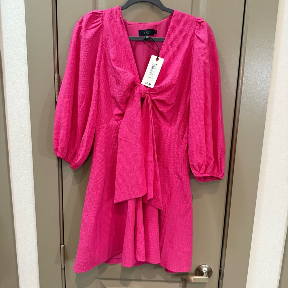 Ted Baker Joselyn Woven  Balloon Sleeve Center Front Bow Mini Dress Size 8